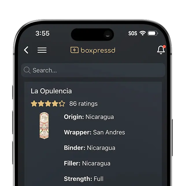 Boxpressd cigar discovery app shown on a phone